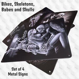 Set of 4 Metal Signs – Skulls, Babes, Bikes & Skeletons 8"X12", NWOT